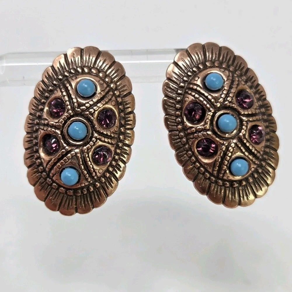 Southwestern Style Copper Turquoise‎ Amethyst Oval Stud Earrings 1